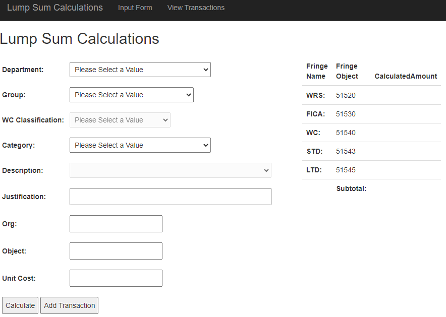 Screen shot of the Lump Sum Calculations Form